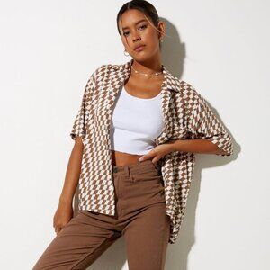 Motel Rocks Brown & White Geometric Short Sleeve Button-Up Shirt | Size XS